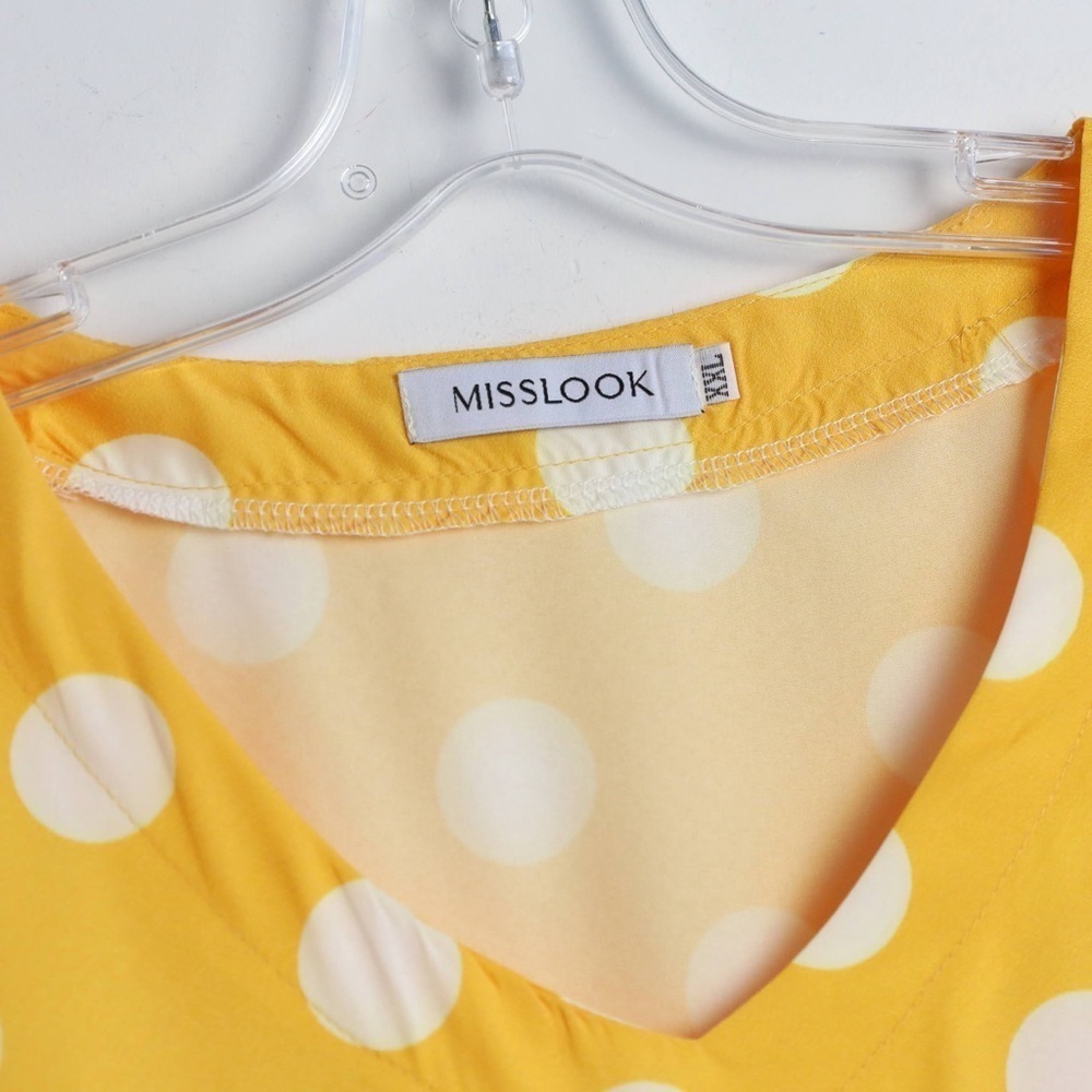 Misslook Polka Dot Yellow dress Short Sleeve V-Neck lace trim midi summer bright - Picture 4 of 8